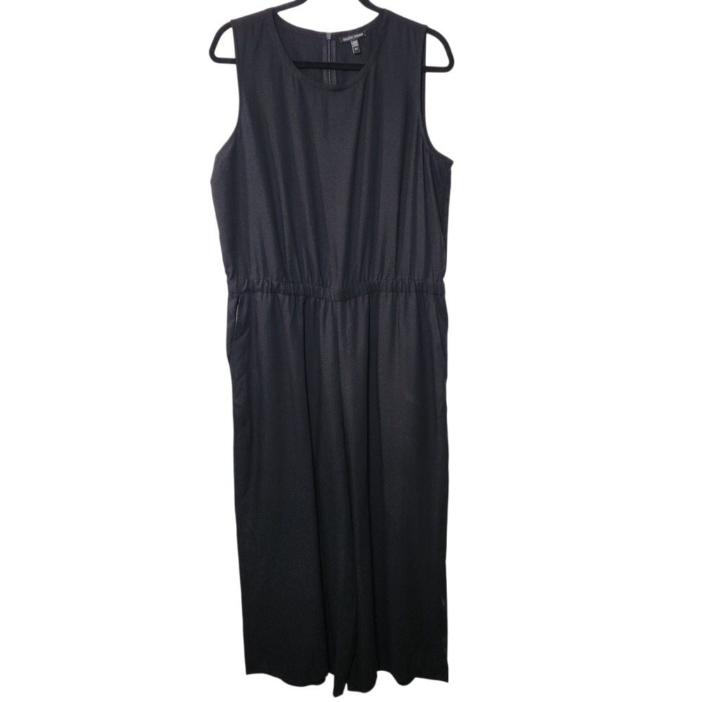 Eileen Fisher Jumpsuit Women L Black Sleeveless Elastic Waist Pockets Wide Leg